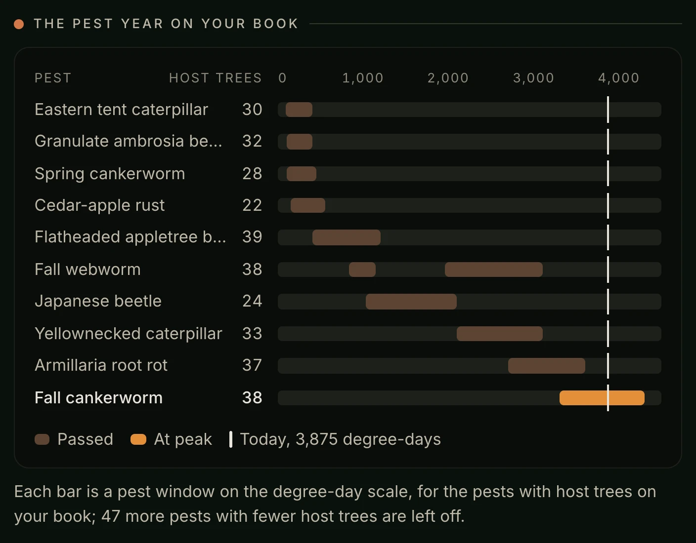 The pest year chart from the weekly brief: ten pests and diseases with their host tree counts, each drawn as a bar on a degree-day scale from 0 to 4,000, nine windows passed and fall cankerworm at peak under the line for today at 3,875 degree-days