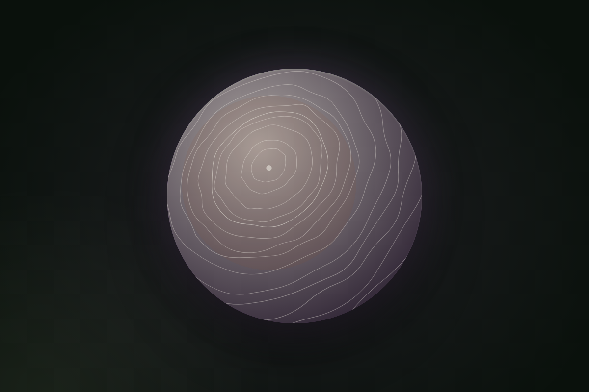 A glowing orb rendered as a tree in cross-section — growth rings, heartwood core, and pith on a dark field