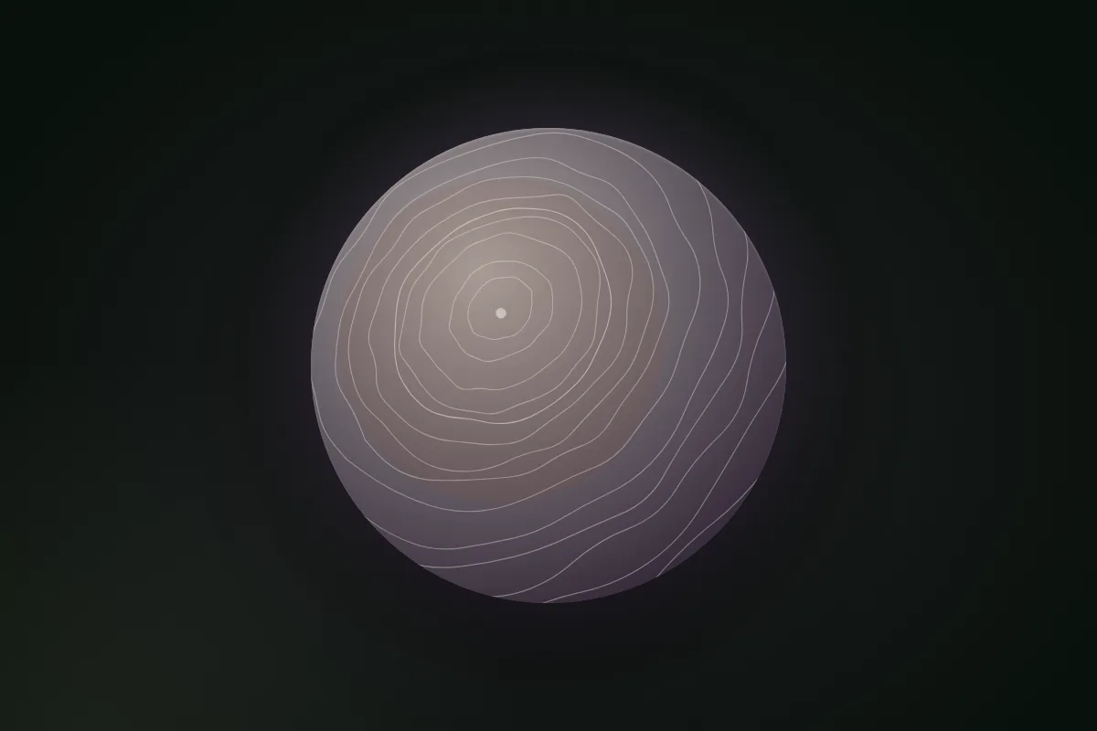 A glowing orb rendered as a tree in cross-section — growth rings, heartwood core, and pith on a dark field