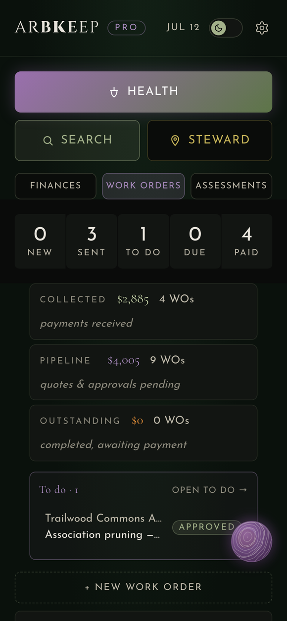 ArbKeep Pro home in the dark theme — the HEALTH door, work-order ledger, and the ring orb in the corner