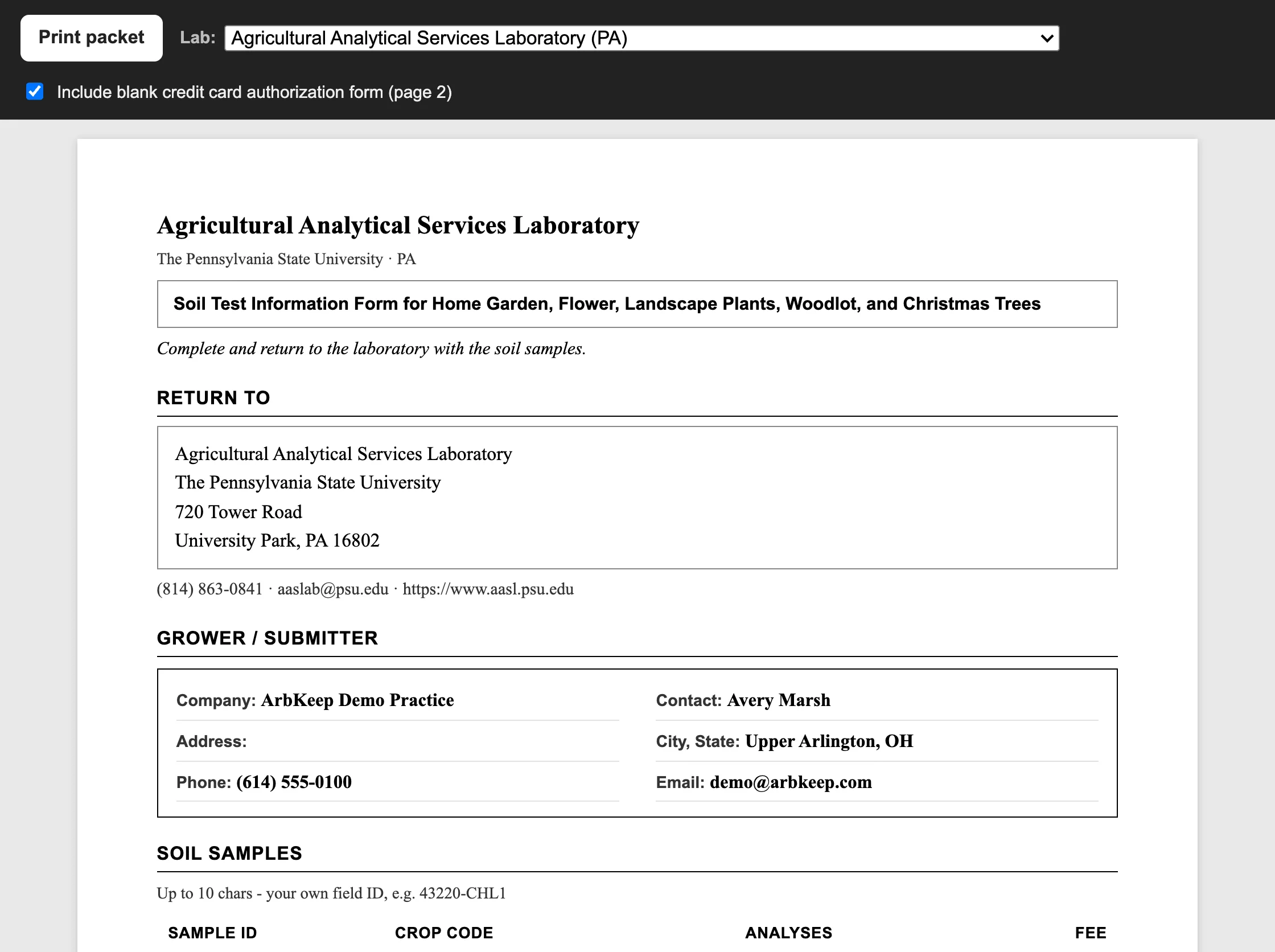 ArbKeep Pro: a soil submission for the Penn State Agricultural Analytical Services Laboratory, filled in with the arborist's details and ready to print