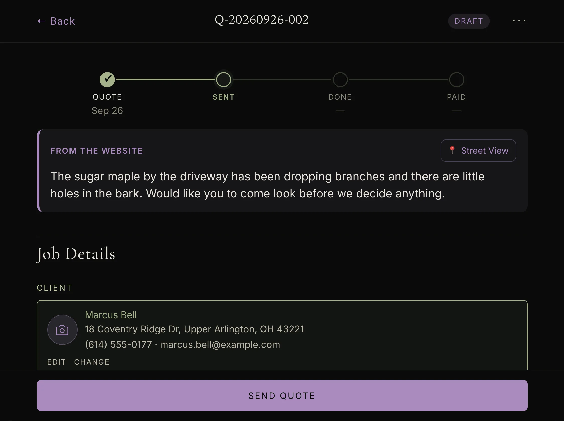 The lead opened in ArbKeep Pro: a From the website block with the homeowner's note in full, a Street View button, the client's details, and a Send quote button