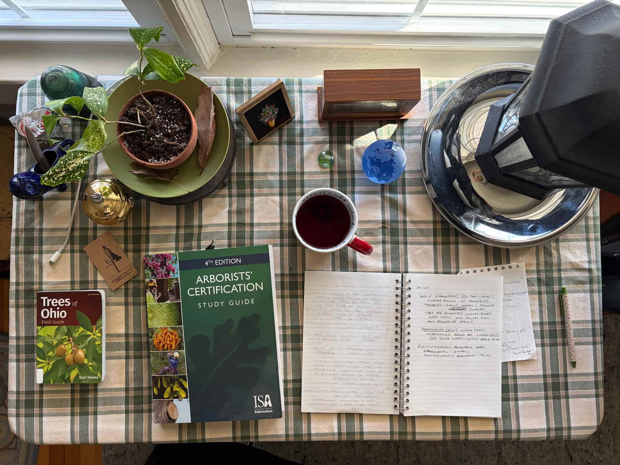 The ISA Arborists' Certification Study Guide open on a desk beside a notebook of handwritten notes copied longhand from its pages, with ArbKeep on a laptop