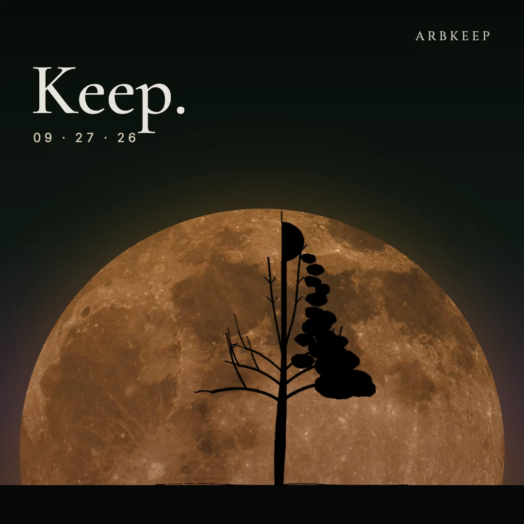 The ArbKeep tree in silhouette against a rising harvest moon, with the word Keep. and the date 09 · 27 · 26