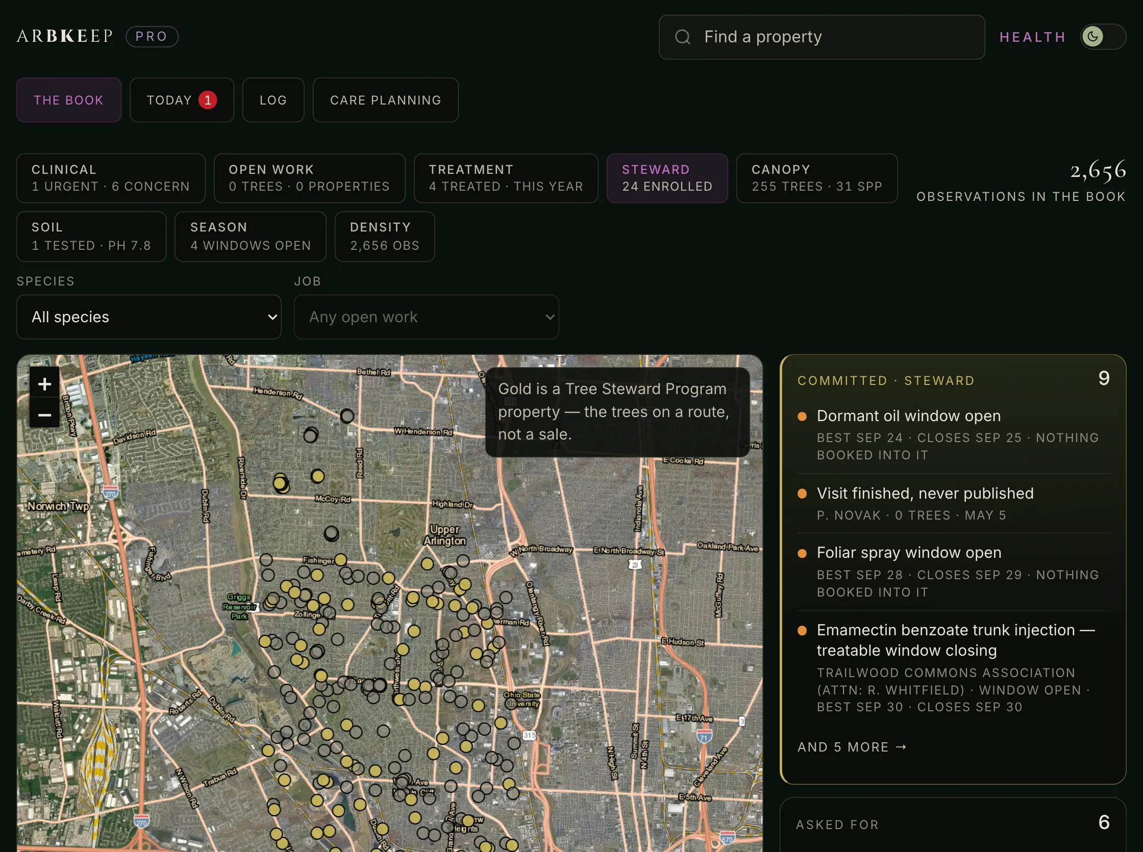 ArbKeep Pro Health, the Book on a desktop: every charted tree on a satellite map, Tree Steward Program properties in gold and the rest in gray, with the committed work listed beside it