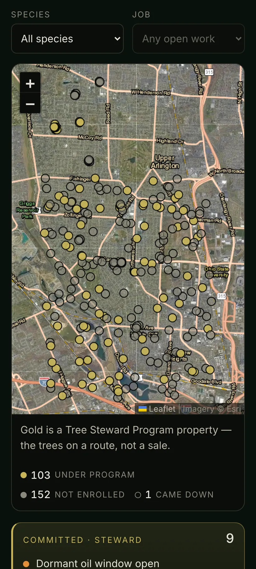 The same map on a phone, with trees under the program counted against trees not enrolled