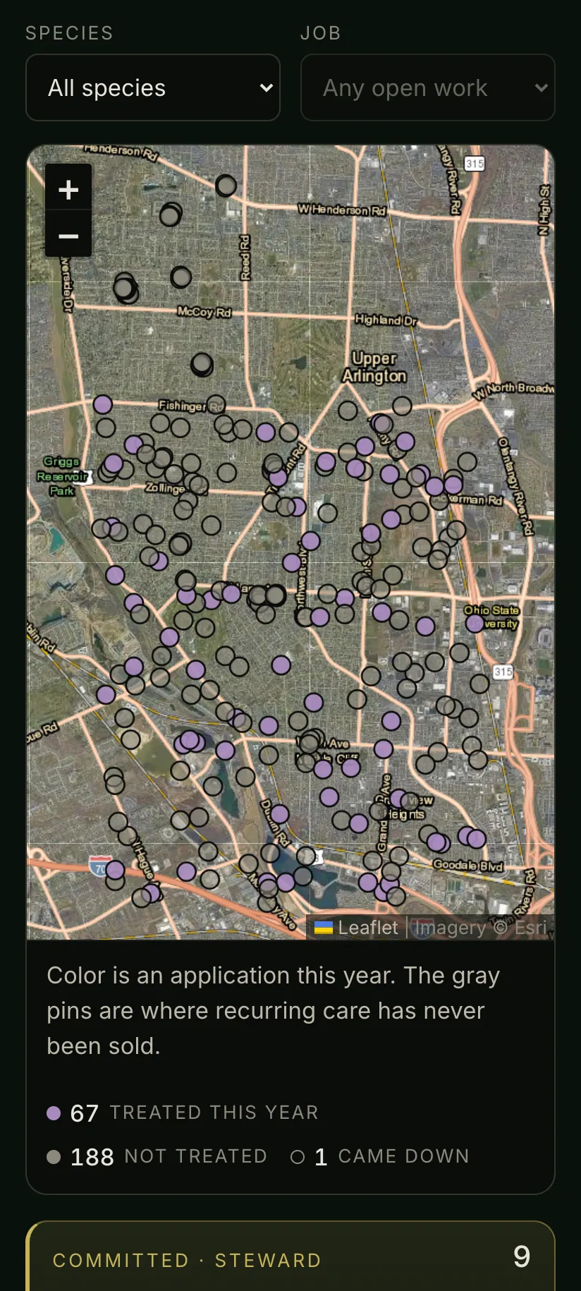 The Book on a phone: the same map with its legend, trees treated this year counted against trees never treated