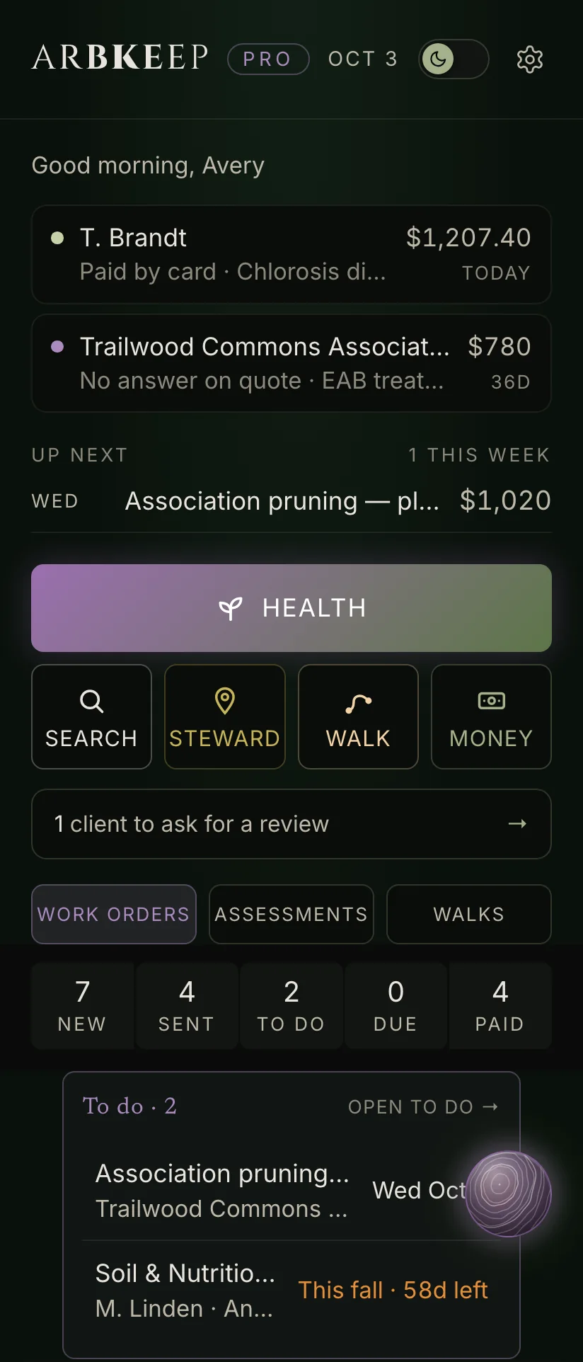 The ArbKeep Pro dashboard: Health, Search, Steward, Walk, Money