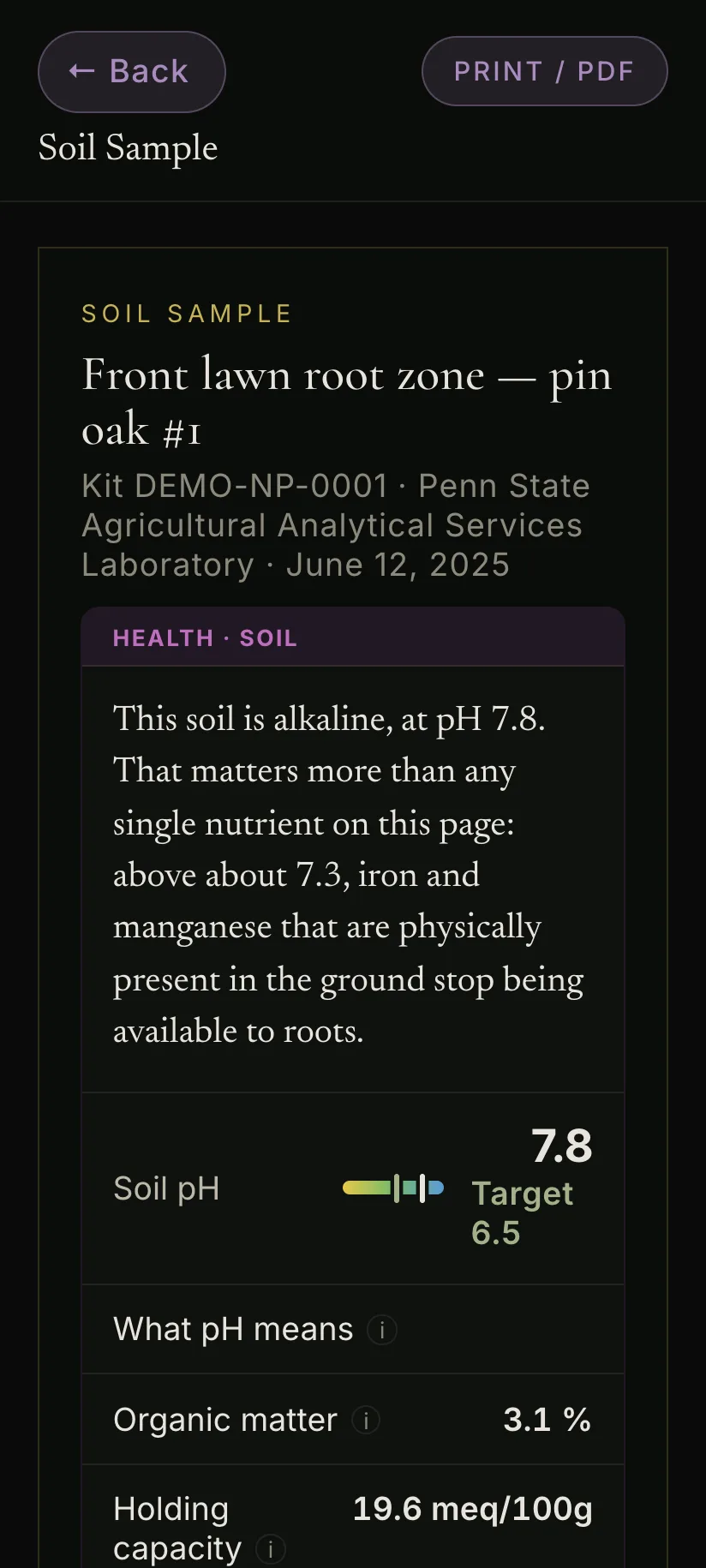 ArbKeep Home: the homeowner's soil result, a plain-language read of the pH above the lab's numbers