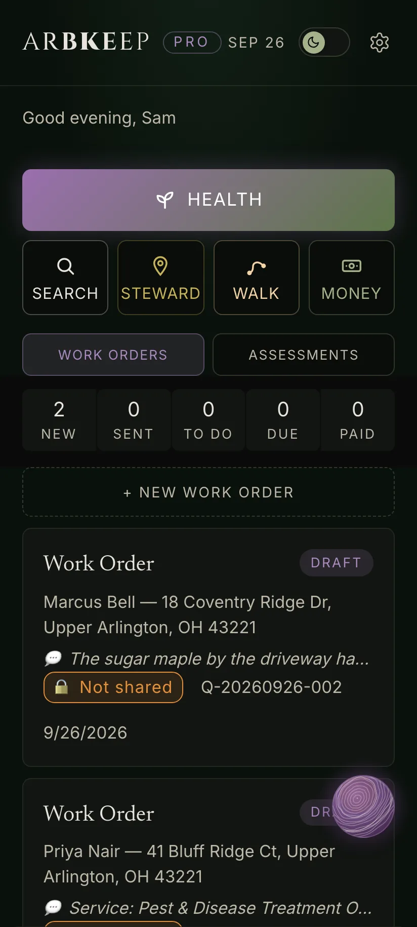 ArbKeep Pro on a phone: two new quotes at the top of the stream, each a homeowner who wrote in from the website, with the first line of what they said