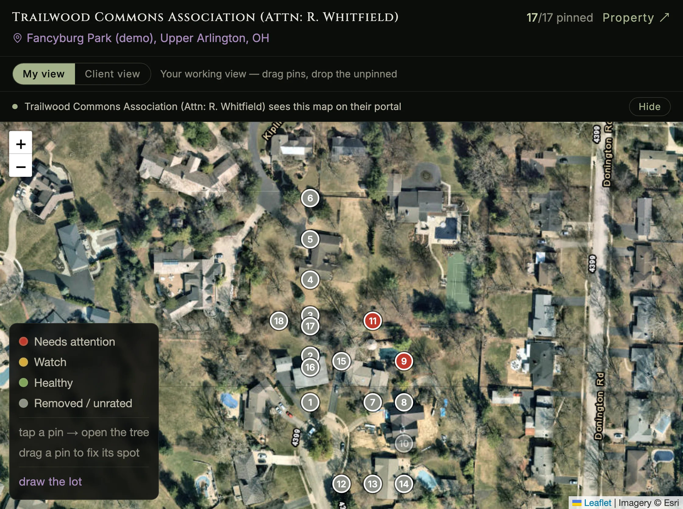 A satellite map of a property with seventeen numbered trees pinned, the ones needing attention marked in red, and a toggle between the arborist's view and the client's
