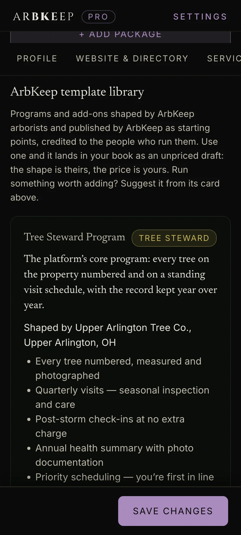 A program template from the ArbKeep library: the Tree Steward Program, shaped by a working arborist, with its five tree-count ranges waiting for your price