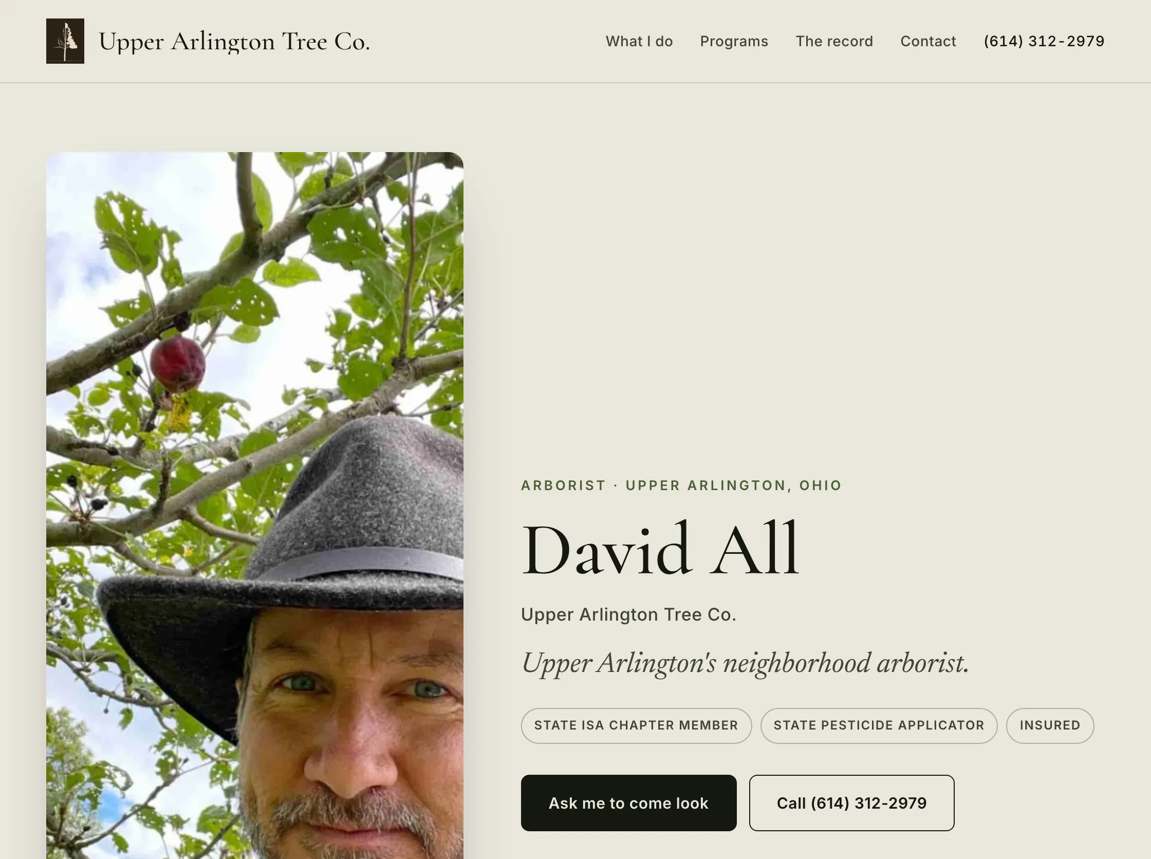 An arborist's ArbKeep website on a desktop: his photo, his name and town, his credentials as pills, and two buttons, Ask me to come look and Call